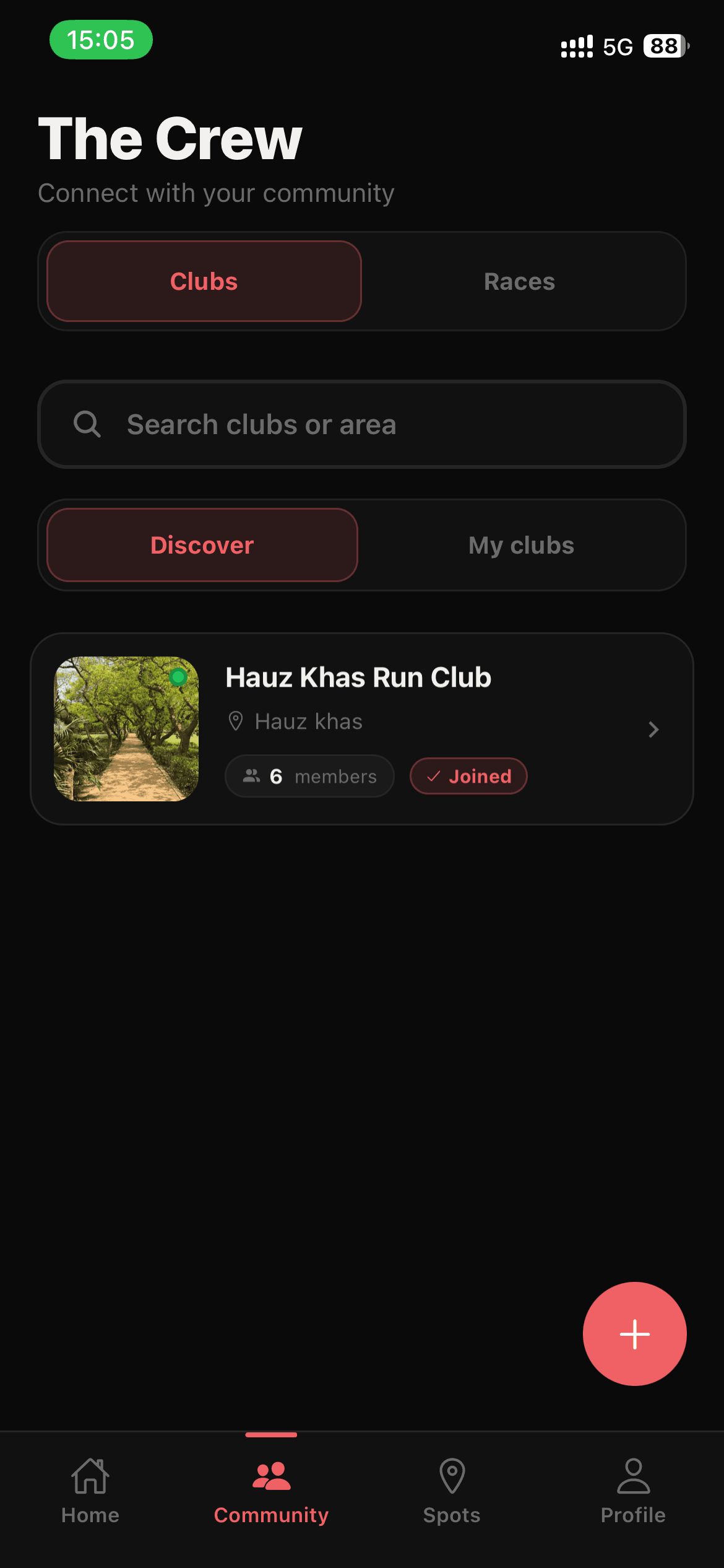 TrackyFy clubs tab showing the Hauz Khas Run Club with six members joined