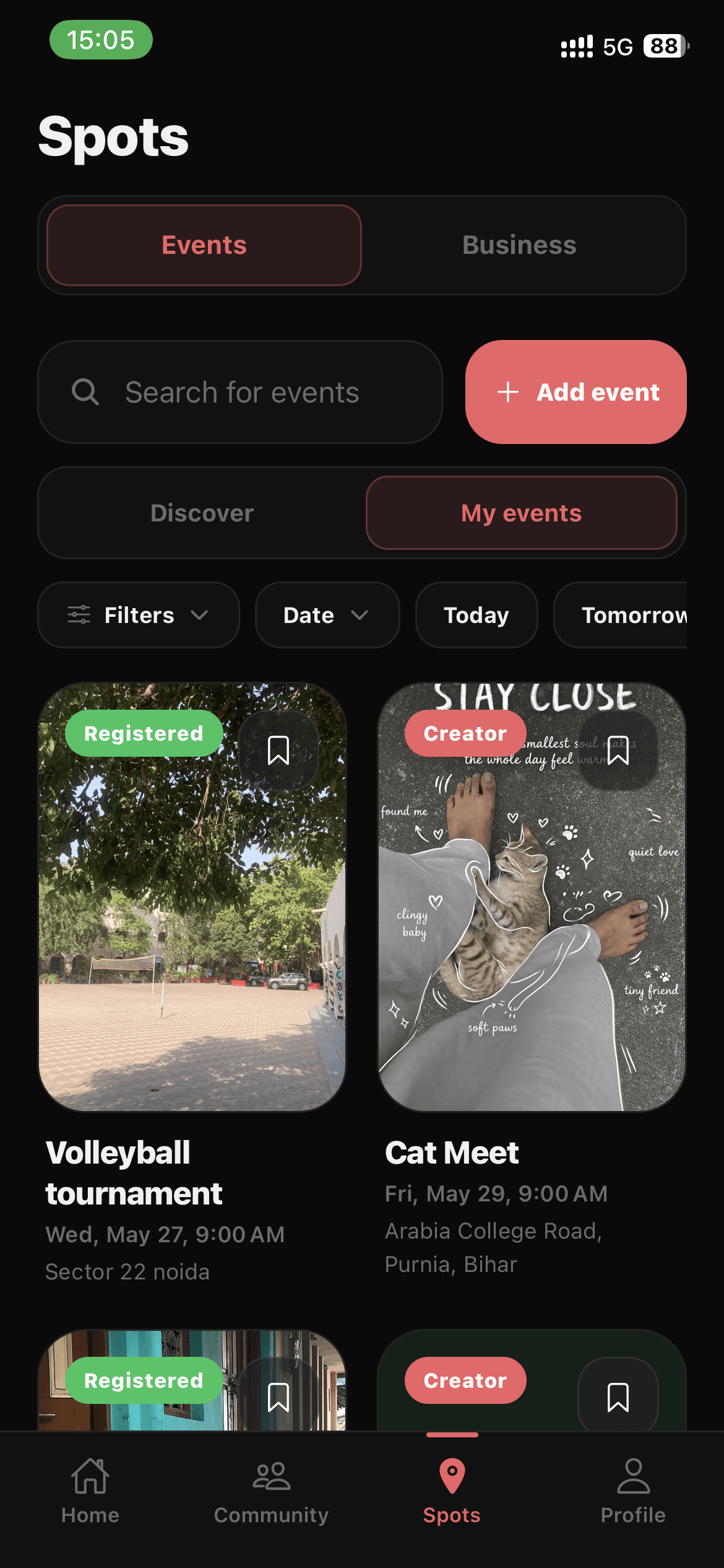 TrackyFy spots tab showing local events to discover, register for, or host