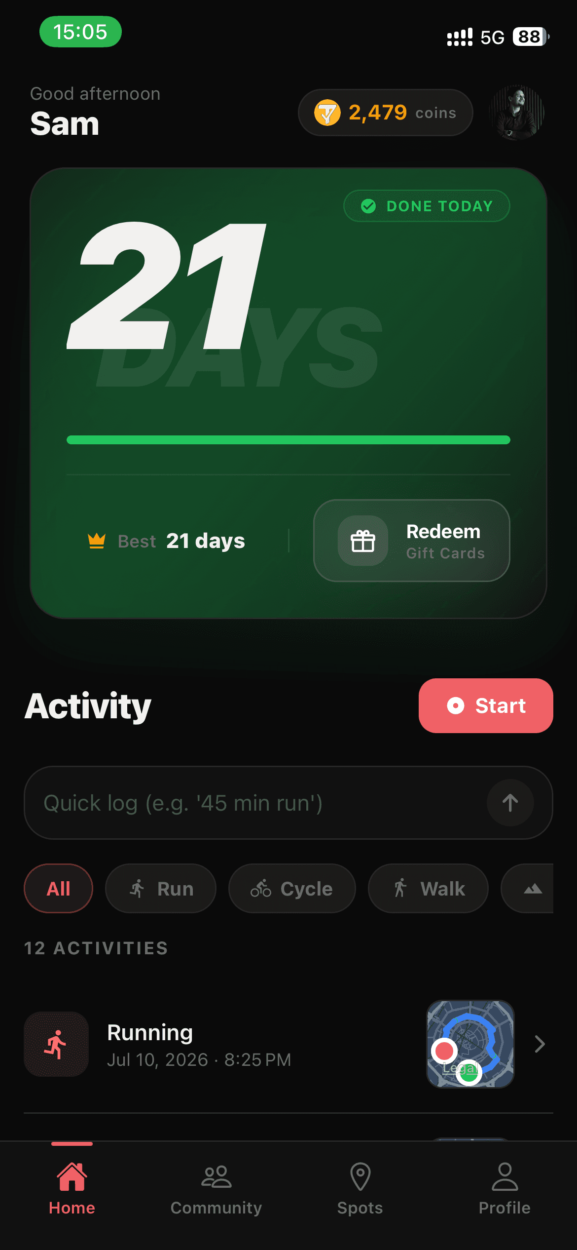 TrackyFy home screen showing a 21-day streak marked done today, coin balance, and the activity feed