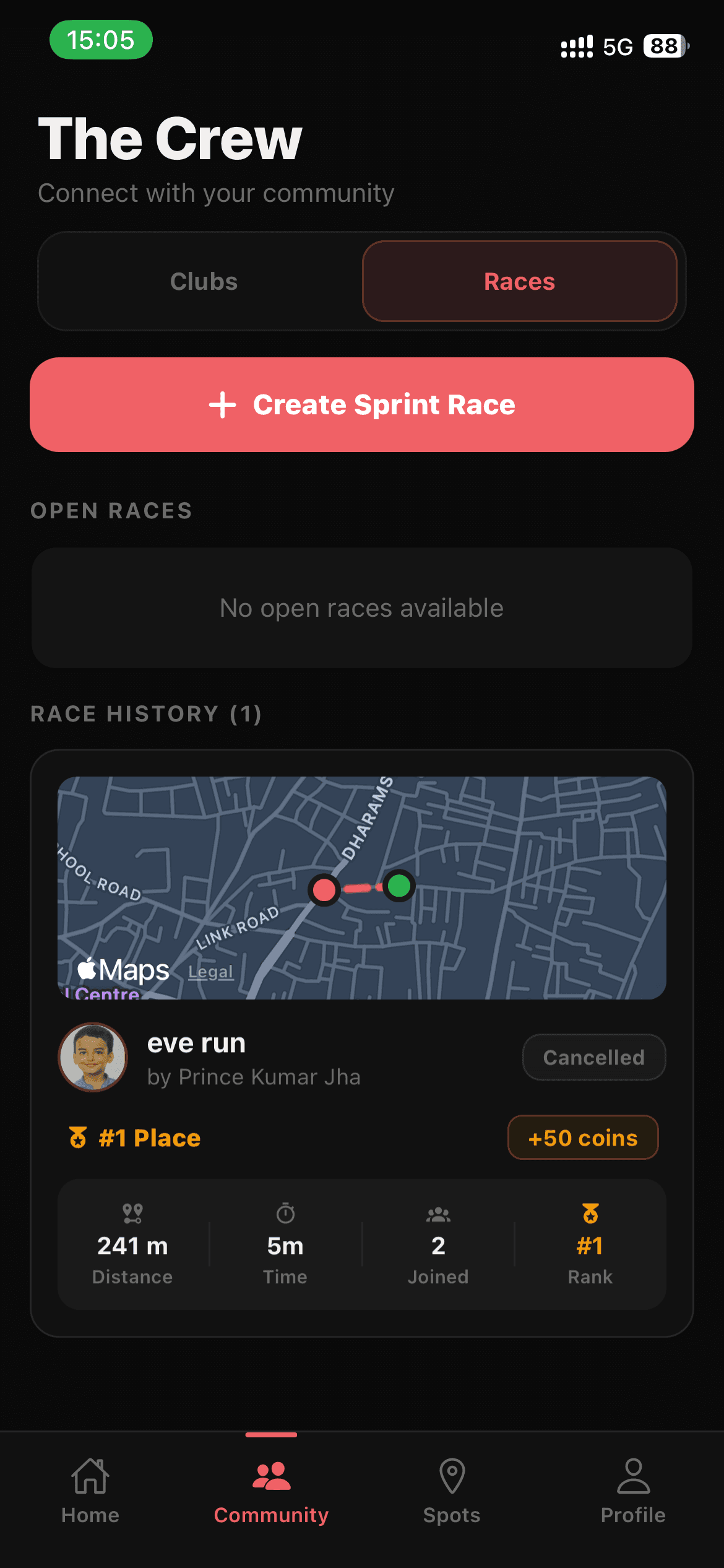 TrackyFy races tab with race history, a first place finish and coin rewards